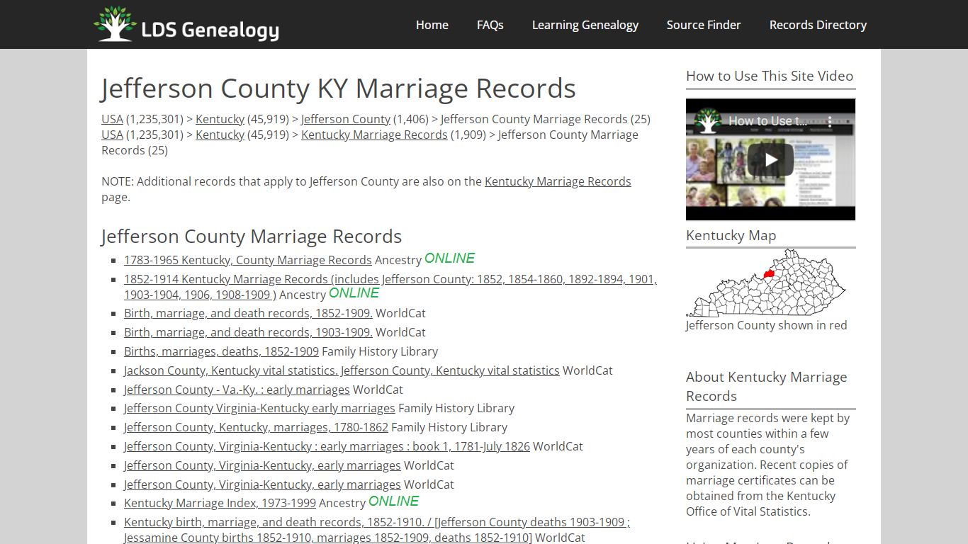 Jefferson County KY Marriage Records - LDS Genealogy