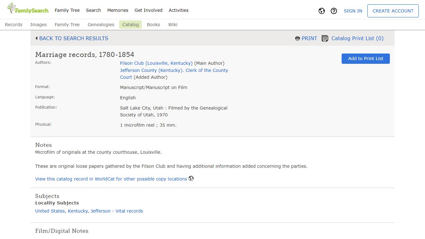 FamilySearch Catalog: Marriage records, 1780-1854 ...